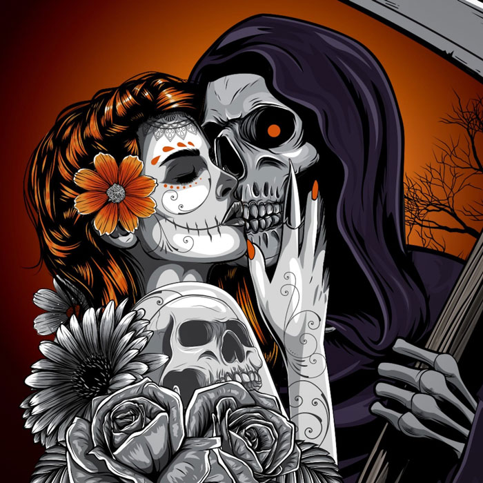 Gin Distillery selling Gin and Merchandise Jin Reaper graphic of Evangeline tattooed woman and the grim reaper